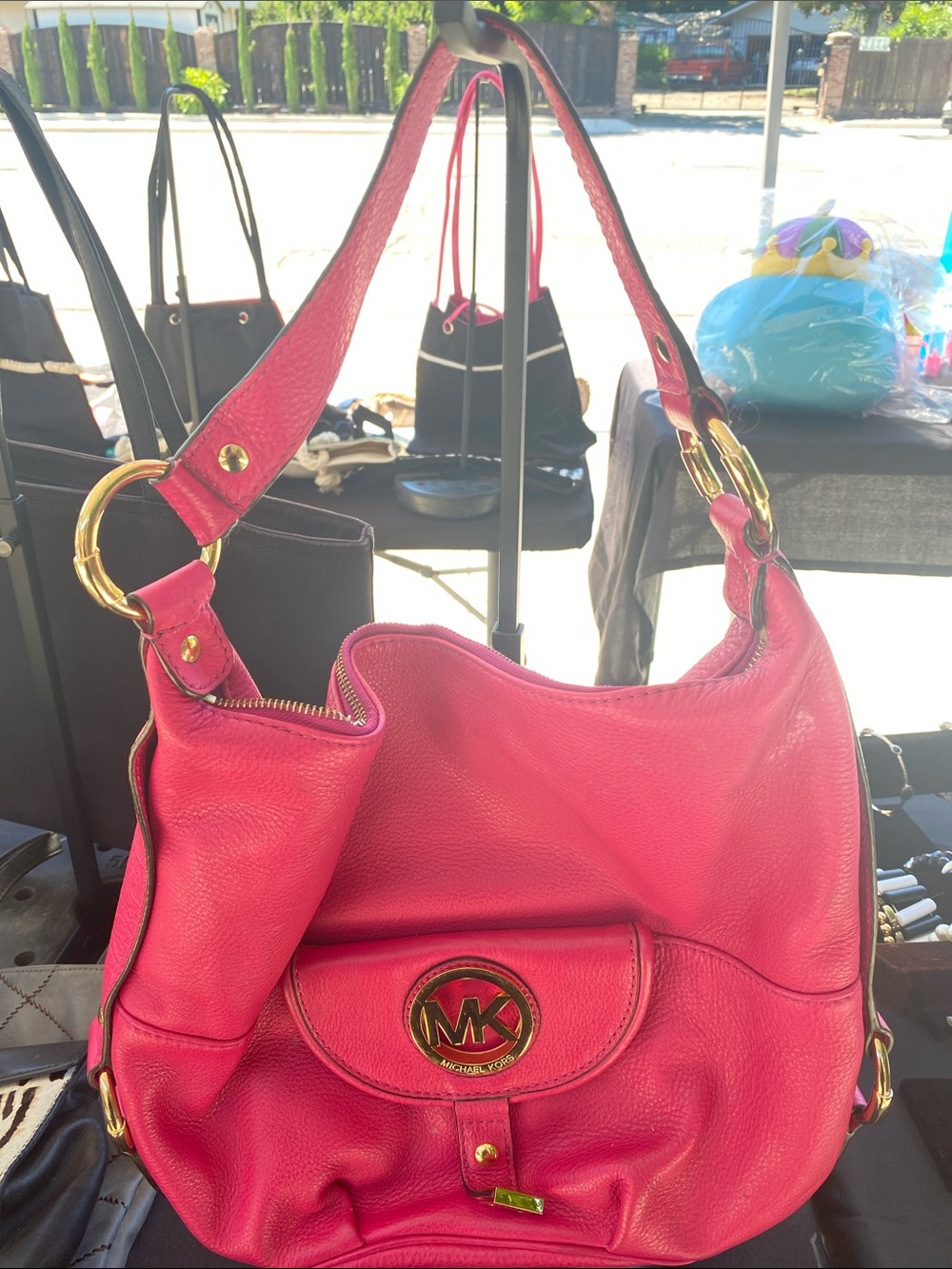 Michael Kors Hot Pink Pebbled Leather Shoulder Hobo with MK Medallion